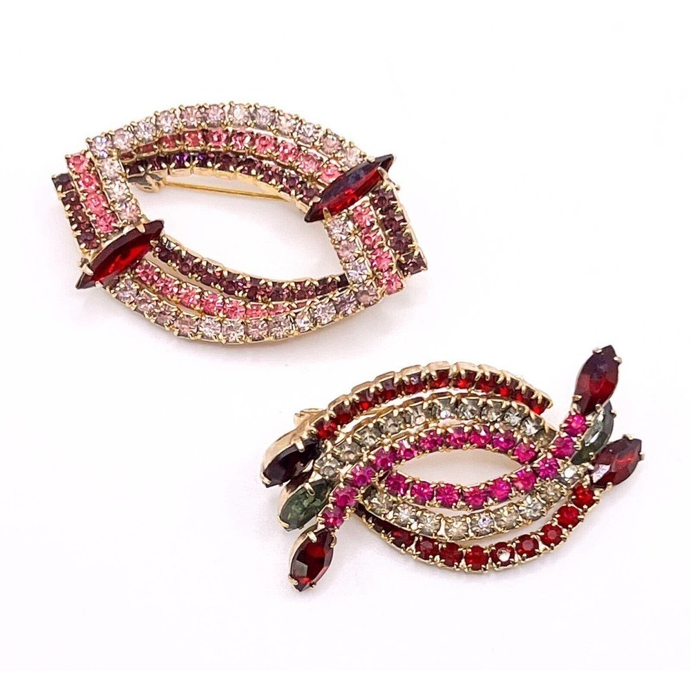 𝅺MID-CENTURY Brooch Red Pink Rhinestone Pin Set Vintage Duo